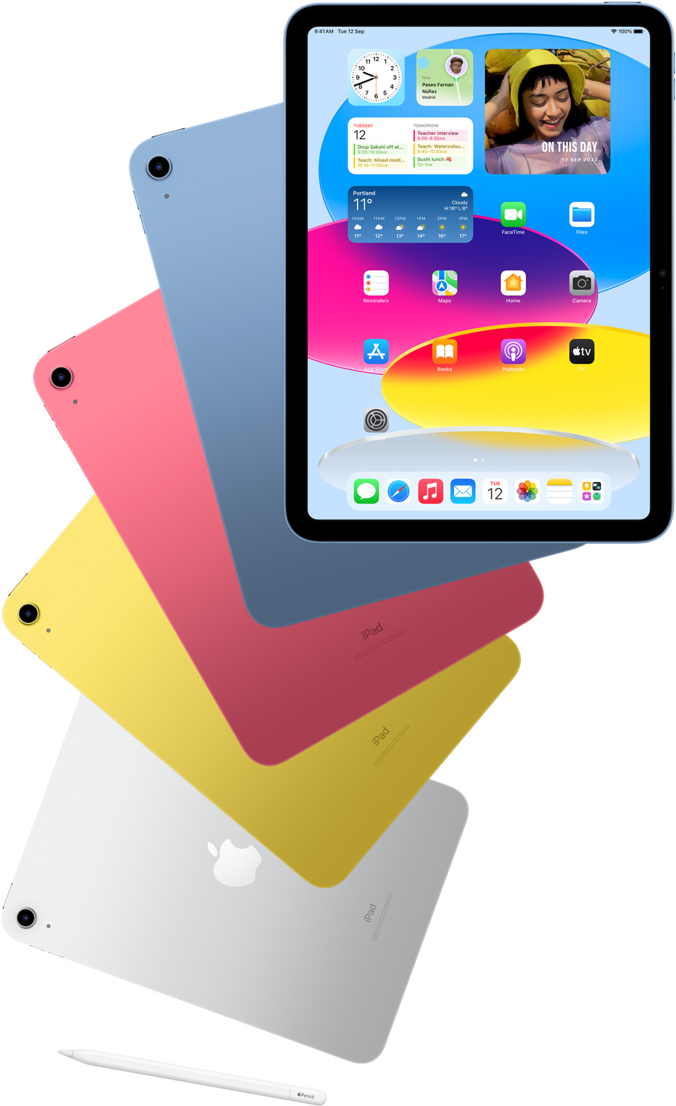Front-view iPad shows the home screen with blue, pink, yellow and silver rear-facing iPads. An Apple Pencil sits near the arranged iPad models.