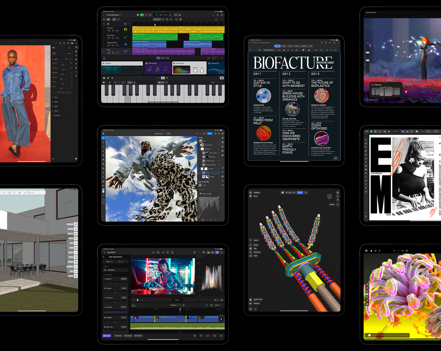 Ten iPad Pro displays showcasing different apps like — Adobe Lightroom for iPad, SketchUp, Logic Pro for iPad, Adobe Lightroom for iPad, Final Cut Pro for iPad, Microsoft Word, Shapr3D, Procreate Dreams, Affinity Designer 2 for iPad, Octane X